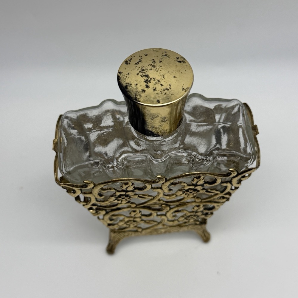 Vintage Ormolu Gold Gilt Floral Encased Glass Perfume Vanity Empty Bottle - Picture 4 of 6